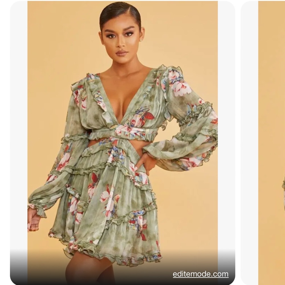 Luxxel elegant olive floral dress with long sleeve
